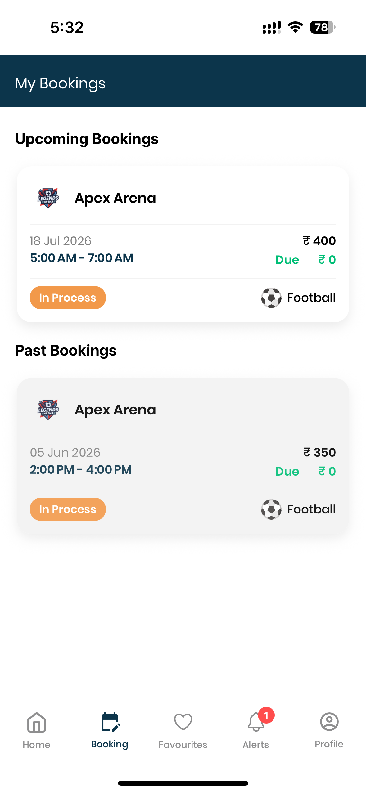 GameOn Manage bookings screen